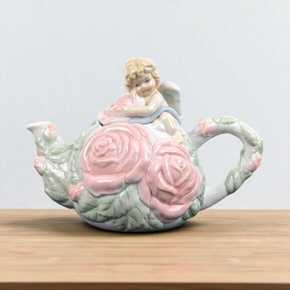 Vintage Avon Cherub Teapot: Porcelain Rose Angel Teapot - Picture 1 of 7